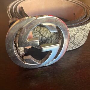 Gucci Tan Canvas Belt with Silver GG Buckle